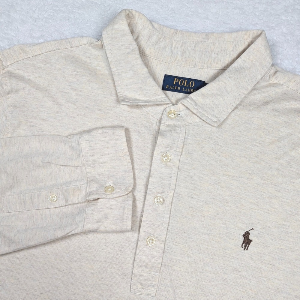 Polo Ralph Lauren Polo‎ Shirt Mens XXL Beige Heathered Long Sleeve Cotton Pony
